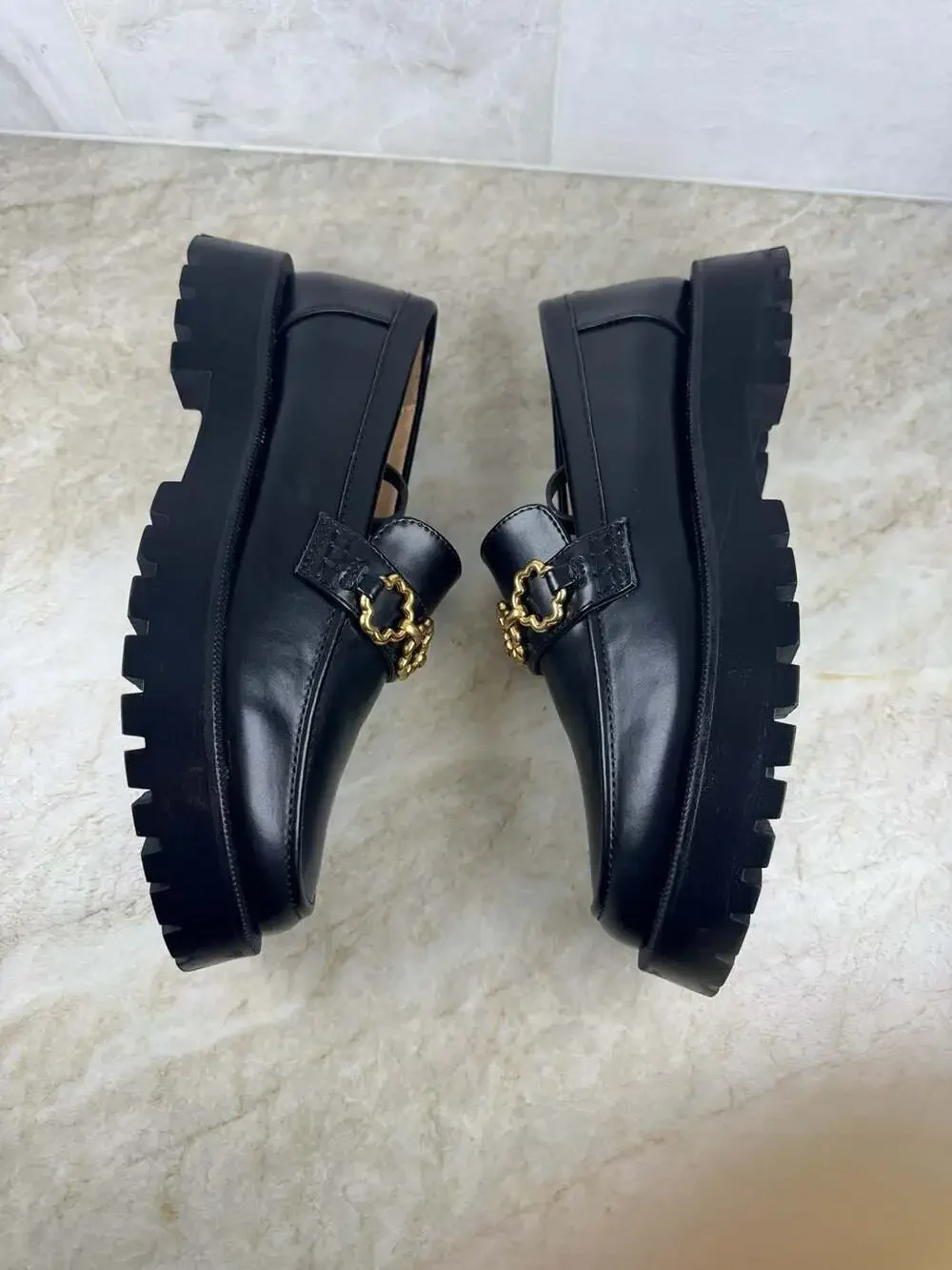 Sam & Libby Black Loafers with Gold Chain Detail